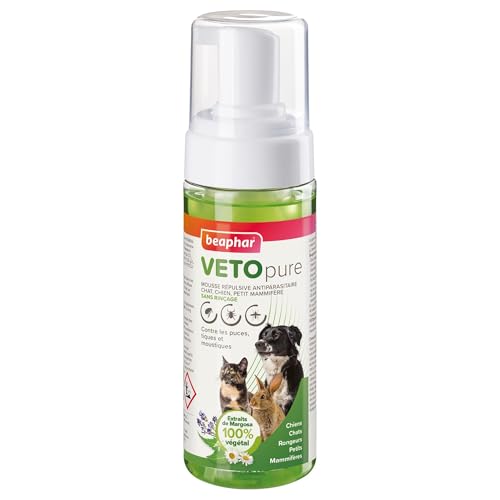 BEAPHAR – VETOPURE – Mousse répulsive antiparasitaire pour Chat, Chien et Petit Mammifère – Extraits de Margosa, Pyrèthre et Lavandin – Contre Les puces, tiques et moustiques – sans rinçage – 150 ML