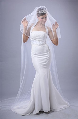 Bridal Wedding Veil Ivory 2 Tiers Long Cathedral Length 4mm Pearl Trim Edge