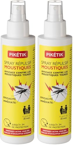 PIKETIK - Spray anti moustique - Efficacité 7h - Format famillial dès 30 mois - Répulsif Moustique Actif d'origine naturelle - Eucalyptus citronné - Fabriqué en France - sans DEET - 150ml (Lot de 2)