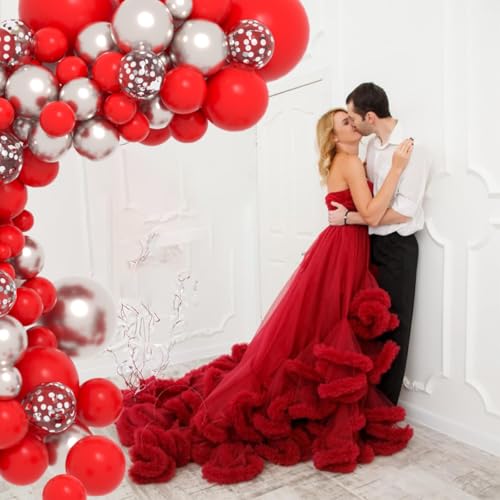 Image of Red Silver Balloon Garland Arch Kit - Red and Metallic Silver Balloons Confetti Latex Balloon for Birthday Wedding Graduation Retirement Valentines Day Christmas Party Decorations