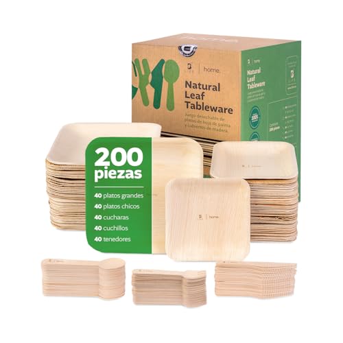 La Mejor Lista de Vajillas desechables del mes. 49 Juego de 200 piezas de vajilla desechable de hoja de palma. Pack para 40 personas. 100% Naturales y biodegradables. No tóxico. Natural Leaf Tableware B Life.