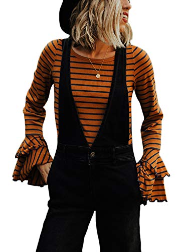 Yissang Women's Long Cascading Ruffle Sleeve Striped T Shirt Tunic Tops Pullover Blouse Brown Medium #TOP2