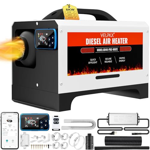 VELPAX Diesel Air Heater All in One 8 kW Diesel Heater with Remote Control & LCD Switch Display 12 V & 24 V & 110-240 V Bluetooth App Quick Heating for Motorhome, Car Trailersts