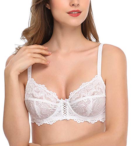 Deyllo Women’s Sheer Lace Bra Underwire Unlined Bra Full Coverage Non Padded(White,38DDD