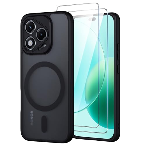 Oelrstfe pour Honor 400 Lite 5G Coque Compatible avec MagSafe avec 2 Verre Trempé, Magnétique Etui Translucide Mat Arrière Housse, Protection d'objectif Tout Compris Ultra Fine Antichoc Case, Noir