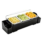Plastic Condiment Dispenser with Lid, Pizza Topping Station, Ice-Chilled Seasoning Tray, Detachable Condiment Holder for Bar, Restaurant, Kitchen, Salad Bar, BBQ Prep(With Handle, 3 Compartments)