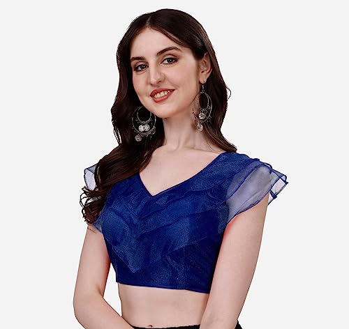 Image of Pujia Mills Women's V Neck Orgenza Three Layer Ruffle Sleeve Frill Readymade Saree Blouse