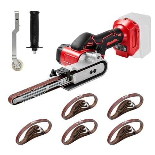 Image of 457 * 13mm Cordless Belt Sander Compatible with Milwaukee M18 Battery, 5 Speeds 0-150° Adjustable Belt Grinder Straight & Curved Arm Polishing with 40 Sanding Belt
