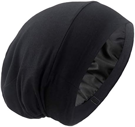 Silky Satin Lined Bonnet Sleep Cap - Adjustable Stay on All Night Hair Wrap Cover Slouchy Beanie for Curly Hair Protection for Women and Men - Solid Black