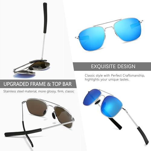 SUNGAIT Men's Military Style Polarized Pilot Aviator Sunglasses - Bayonet Temples (Silver Frame/Blue Mirrored Lens) SGT285YBL