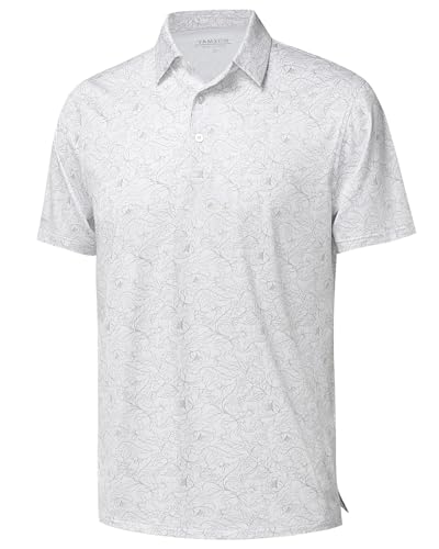 YAMXDM Polo Shirts for Men Short Sleeve Performance Moisture Wicking Casual Club Dry Fit Sports Funny Golf Shirts for Men White Grey Flower 3XL