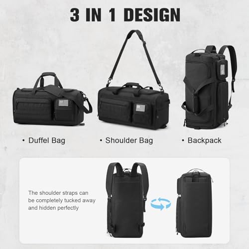 G4Free 3-in-1 Travel Duffle Bag for Men and Women, 50L Large Gym Sports Bags Tactical Military Duffle Backpack with Shoes Compartment and Wet Pocket (Black) by G4Free - Used condition - Image 2