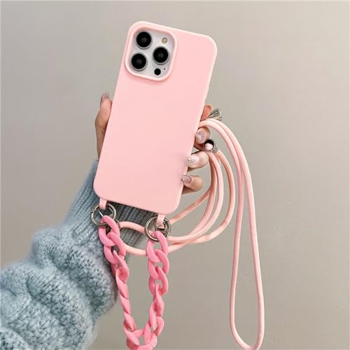 Coque iPhone 14 Pro Max lanière silicone souple antichoc rose avec sangle