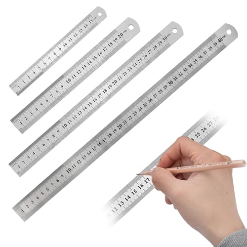 HuaMuDM Edelstahl Lineal Metall Lineal Set Stahl Lineal stahllineal set Metall Stahllineal 4 Stück 15cm 20cm 30cm 40cm mit Doppelseitenskala Kante für Lehre Büro Zeichnen Engineering