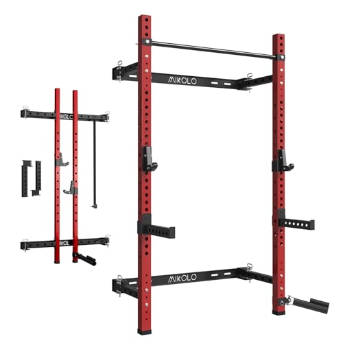 Mikolo 2.36'' x 2.36'' Folding Wall Mounted Squat Rack, 1000 Pounds Capacity Power Rack with Pull Up Bar, J Hooks and Other Attachments, Space-Saving Home Gym（Red）