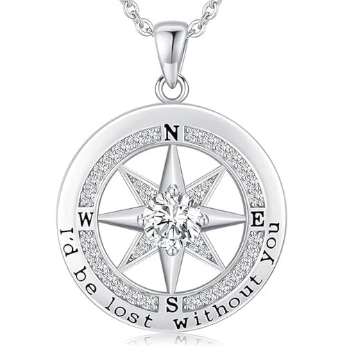 Gift for Wife Anniversary Compass Jewelry for Women Wedding Anniversary, Sterling Silver Girlfriend Birthday Christmas Wedding Gifts for Her Valentines Day Mom Mothers Day I'd be Lost without You