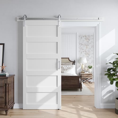 SmartStandard 38x84 inch White Barn Door with 6.6FT Brushed Nickel Sliding Door Hardware Track Kit Included, Solid MDF Slab, Waterproof PVC Surface, 5-Panel, Suitable for Openings up to 36in
