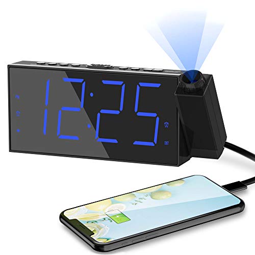 ROCAM Projektionswecker Wecker Digital mit USB-Anschluss, Große 7" LED Bildschirm,4 einstellbare Helligkeiten,Wechselstrom,Batterieunterstützung für Schlafzimmer, Küche, Kinder (Blaue Projektionsuhr)