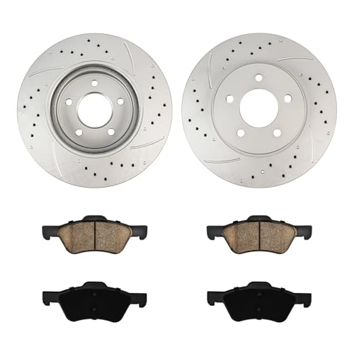 Image of KAX Front Brake Kit, Drilled and Slotted Brake Rotors, Ceramic Brake Pads | Fits Ford Escape 2005-2010, Mercury Mariner 2005-2010, Mazda Tribute 2005-2006 2008-2010, Automotive Replacement Brake Kit