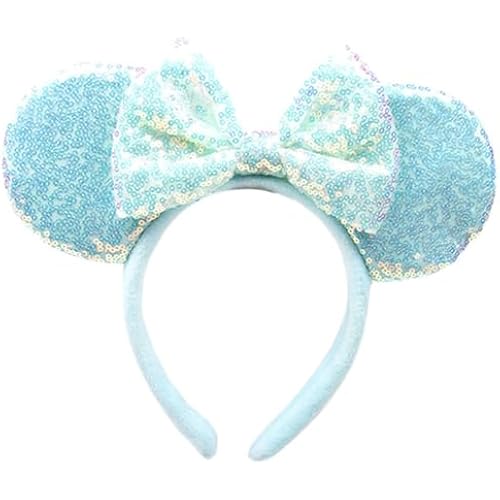Blue Mouse Ears Headbands With Bow & Sequins, for Cartoon Princess Costume Cosplay Decoration, Glitter Party for Women & Adult; FG1L (Soft Flannel Unisex)