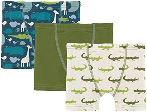 KicKee Pants Boys Boxer Brief Underwear, Silky Soft Printed and Solid Boxer Briefs for Your Little Man, Lightweight and Breathable For All Day Comfort, Set of 3 (Peacock Multi-Animal, Moss and Natural Crocodile - M-8/10)