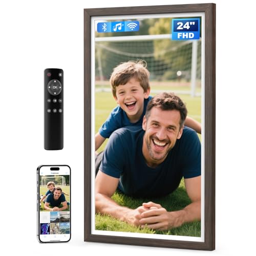 Image of Large Digital Picture Frame 24 inch, 1920x1080 FHD IPS WiFi Digital Photo Frame with Remote, 64GB Storage, Auto-Rotate, Instantly Share Photo /Video via Apps /Email, USB /Mirco SD, Dark Wood