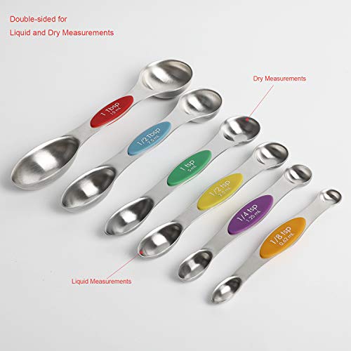 Lot de 6 cuillères à mesurer magnétiques avec double extrémité en acier inoxydable Cuillère à café Cuillère à mesurer 6 pieces Measuring Spoons Multi