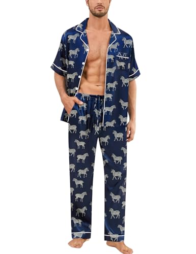 Image of SWOMOG Mens Silk Pajamas Set Satin Pj Set Short Sleeve Sleepwear Button Down Lounge Set with Drawstring & Pockets S-3XL