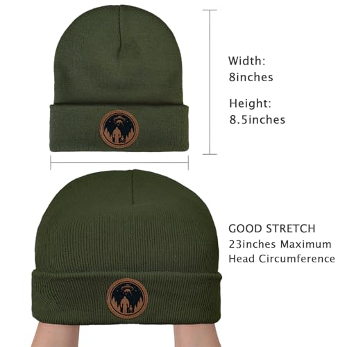 Image of Big Foot Beanie Hat, Sasquatch Leather Patch Winter Knit Skull Cap Bigfoot Gifts for Adult Men Women