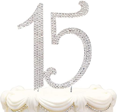 Hatcher lee Bling Crystal Quinceañera Happy 15 Birthday Cake Topper - Best Keepsake | 15th Party Decorations Silver