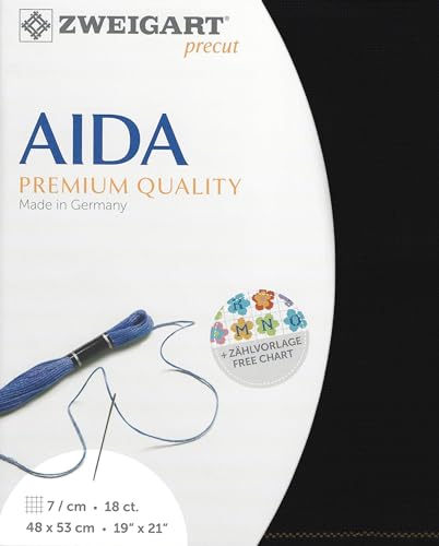 Image of Wizardi Fein Aida 18 Count Black 3793 720, Precut Zweigart Cross Stitch Fabric, 100 Percent Cotton Blank Needlepoint Canvas and Embroidery Cloth, 19x21 in for Adults