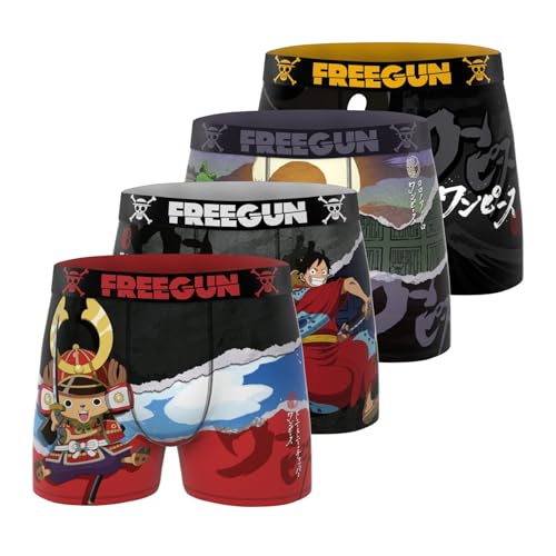 FREEGUN Boxer Enfant One Piece, Caleçon Garçon, Confortable & Ultra-Doux (Lot de 4), Rouge Taille 10 ans/12 Ans