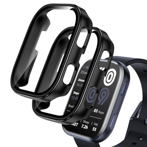 EWUONU 2 Pack Compatible with Amazfit Bip 6 Case Tempered Glass Screen Protector with Hard PC Bumper Cover Shockproof Anti-Scratch Full Protective Cover for Men Women Watch Accessories Black