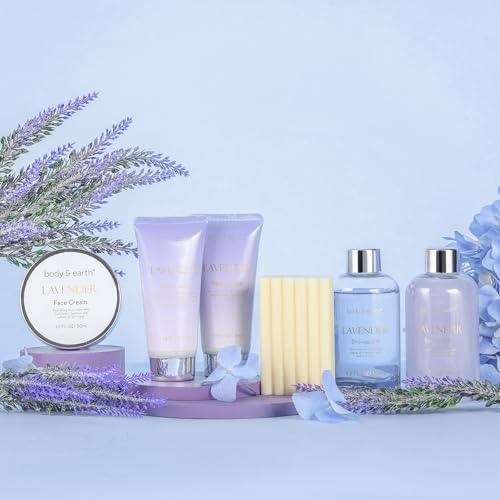 BODY & EARTH Lavender Gifts for Women, 6 Pieces, Birthday Gift for Women, Shower Gel, Body Butter, Hand Cream, Bath Set, Gift Wellness Set, Mother's Day
