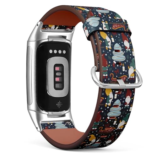 Compatible with Fitbit Charge 5 / Fitbit Charge 6 Replacement Leather Watch Band (Gnomes Christmas Night) Smartwatch Strap Brace