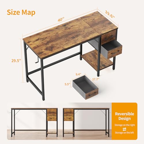 CubiCubi Computer Desk with 2 Drawers, 40 Inch Small Home Office Desk Study Writing Table, Light Brown