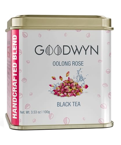 Goodwyn Oolong Rose Tea Loose Leaf – 50 Cups (100g / 3.5 oz) Premium Oolong Black Tea with Real Rose Petals, Medium Caffeine, Floral & Aromatic Blend in Reusable Tin, Sugar-Free Indian-Origin Tea, Perfect for Gifting
