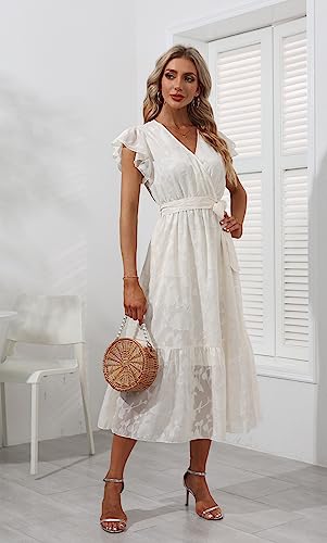Image of VintageClothing Womens Sundress Casual Floral Summer Boho Dress | Flowy Wrap V Neck Ruffle A-Line Pleated Hem Midi Dresses