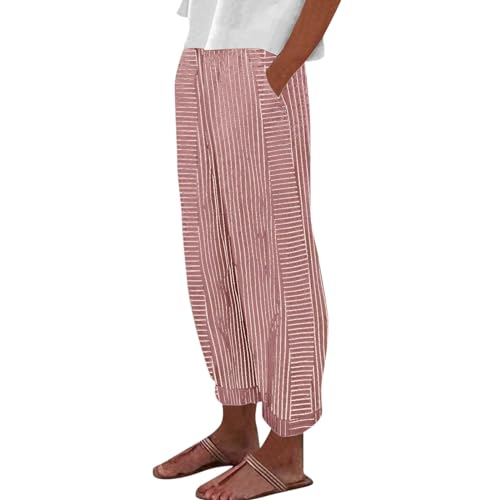 Women Linen Pants Sweat Drawstring Striped with Pockets- Lounge Trendy Trousers Gauze Pants Wide Leg for Women