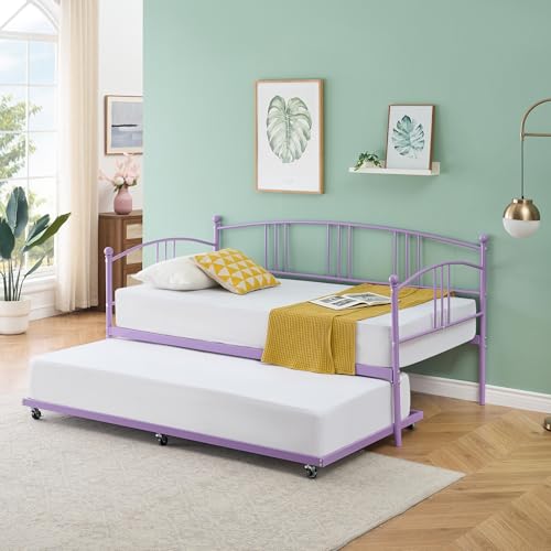 IDEALHOUSE Daybed with Trundle, Metal Twin Size Day Bed with 6 Casters Pullout Trundle, Trundle Bed Twin with Steel Slat Support for Living Room, Bedroom and Guest Room, Purple