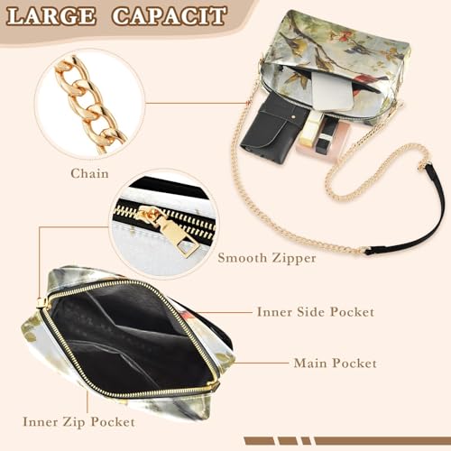 Women Crossbody Bag Shoulder Handbag Cellphone Purse Beautiful Birds Print, PU Leather Metal Chain Strap Water Resistant Zipper Closure4