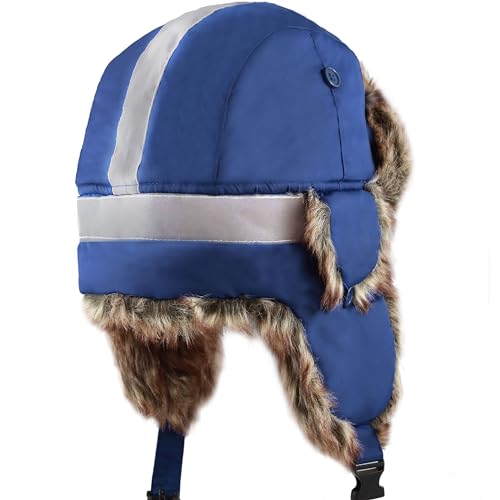 Image of Faux Fur Safety Reflective Plain Plaid Aviator Trapper Hat Snow Ski Trooper Winter Cap