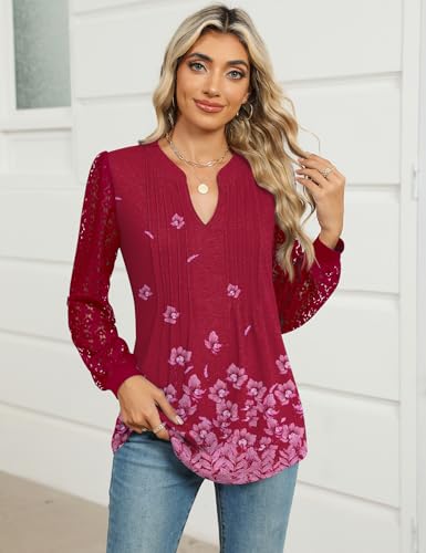 Micoson Womens Lace Long Sleeve Tops V Neck Pleated Blouses Dressy Casual Work Shirts2