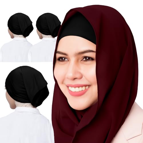 AL Barakeh Women’s Undercap Hijab 3-Piece Set – Soft Inner Scarf in Solid Color – Comfortable Turban Style for Muslim Women,12 Colors(Schwarz)