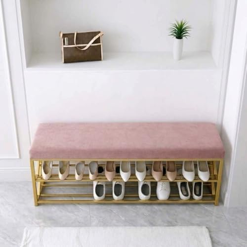 Image of Entryway Shoe Rack with Cushioned Seat, Shoe Bench for Entry, 2 Shelves Storage Bed Bench