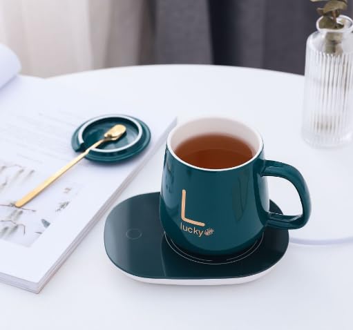 Green Portable Coffee/Tea Warmer - Auto Shut On/Off, Ceramic Cup, Electric Mug Warmer for Office/Home Desk. Set with Lid, Spoon, Heating Pad