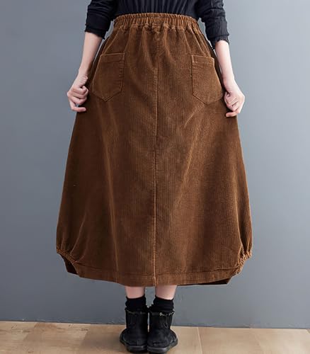 chouyatou Women's Elastic Waist Vintage Corduroy Skirt Button A-Line Swing Midi Long Skirt with Pockets3