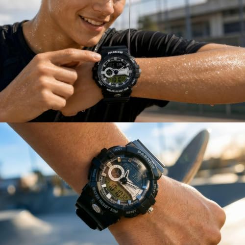 Image of PASNEW Boys' Watches - Dual Display, Large Dial Sport Watch, Black Outdoor Watch for Boys & Teens - Waterproof
