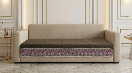 Image of Velvet Quilted Sofa Cover Mat Seat & Back, 3+2+2 Set, Total L161in H32in (3+2+2), Brown Color,Anti Skid Backing, 6in Hanging Strap Design, Washable Soft, A, Style -Brown-S322