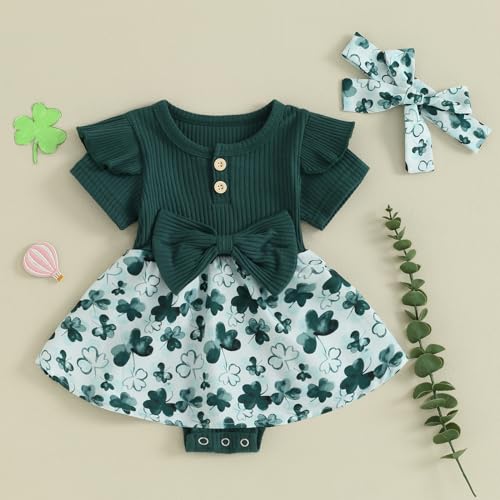 Newborn Baby Girl St. Patrick's Day Outfit Clover Romper Dress Ruffle Short Sleeve Jumpsuit Bodysuit with Headband2